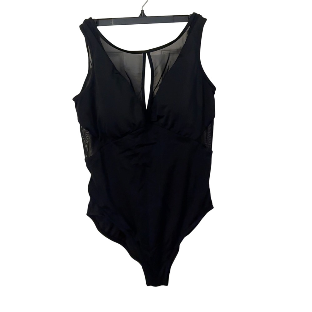 Time & Tru  One Piece Swimsuit Black Mesh Plunge V Neck Plus Size 16‎